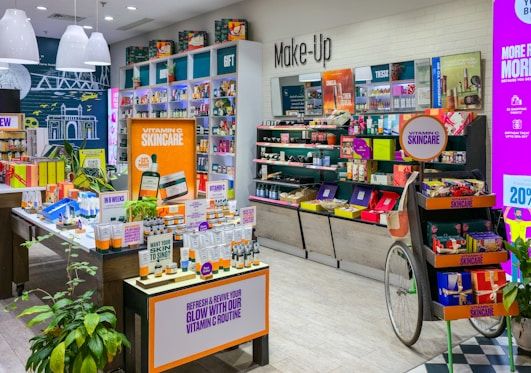 Shelves of cosmetics and skincare in a beauty shop