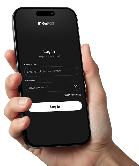 A hand holding a phone showing the GoPOS login screen