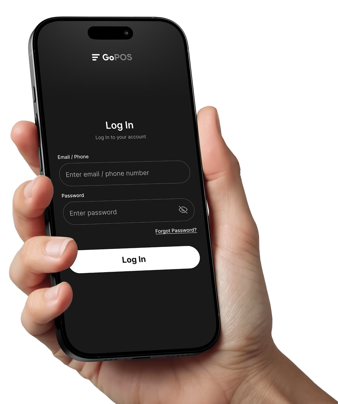A hand holding a phone showing the GoPOS login screen