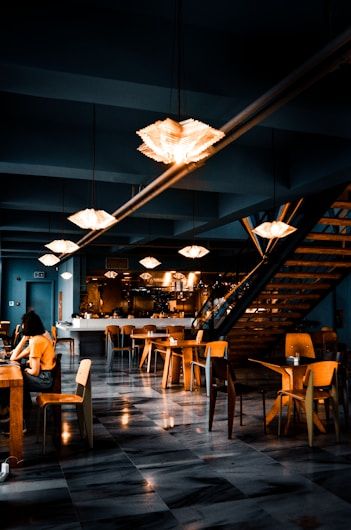 The dining room of a restaurant at service time