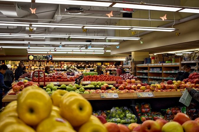 Fresh fruit and vegetable aisles in a super shop